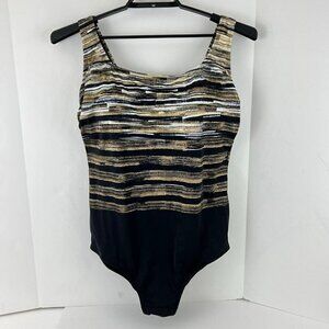 Catherines Womens Swimsuit 1 Piece Black Gold Foil‎ Shelf Bra Size 24W NWT